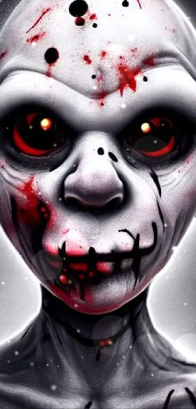 A haunting dark alien figure with glowing eyes and red accents on a gray background.