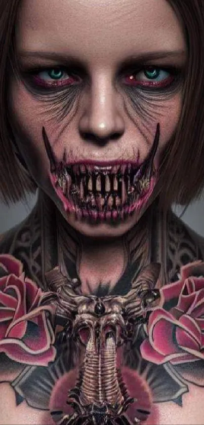 Eerie figure with tattoos and haunting makeup mobile wallpaper.