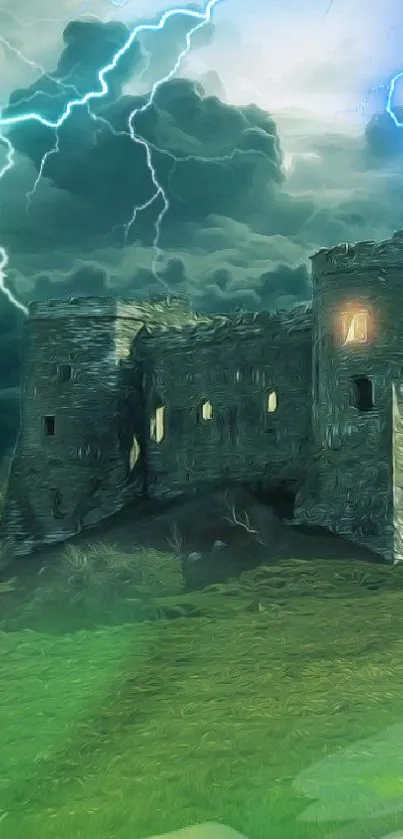 Haunting castle with lightning in a stormy sky.