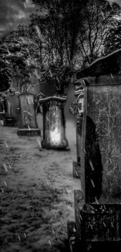 Eerie black and white cemetery scene at night.