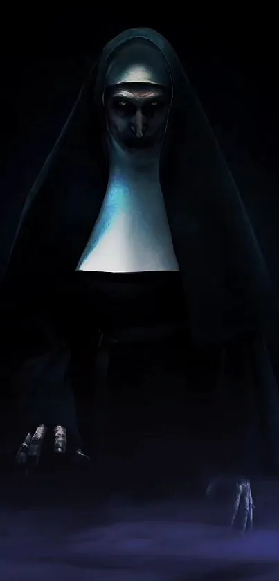 Eerie dark theme wallpaper with haunting nun.