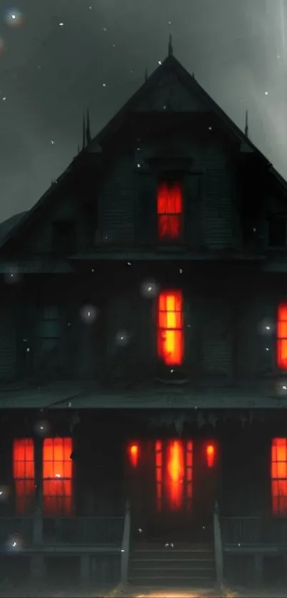 Eerie dark house with glowing red windows under a starry sky.