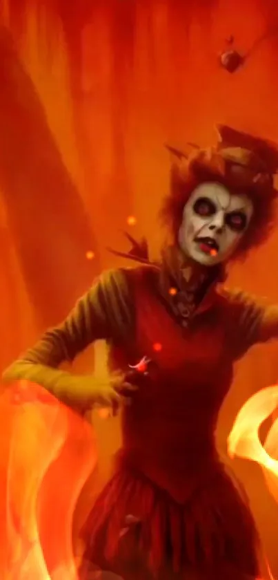 Spooky character in fiery artistic wallpaper.