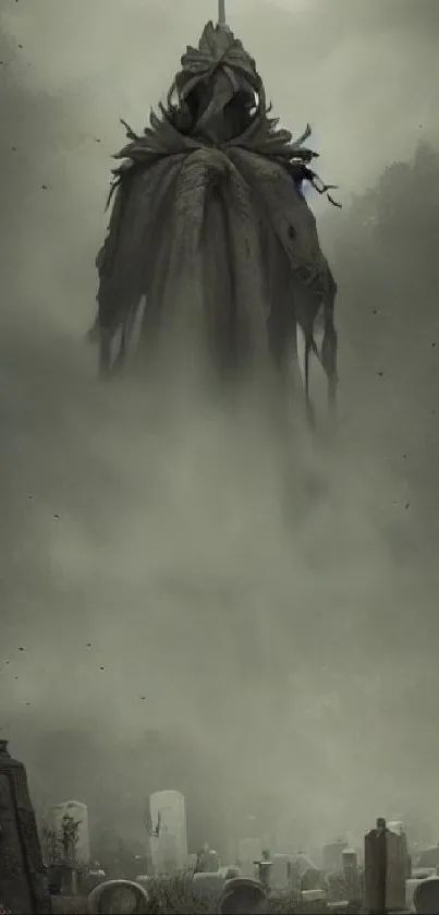 Dark figure in misty graveyard with eerie atmosphere.