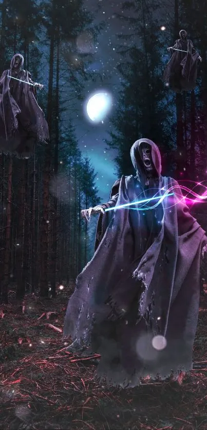 Spectral figures in a dark, mysterious forest with vibrant light trails.
