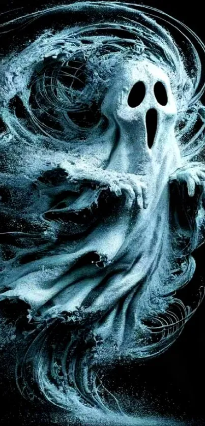 Eerie ghost with flowing cloak on dark background, perfect for spooky themes.