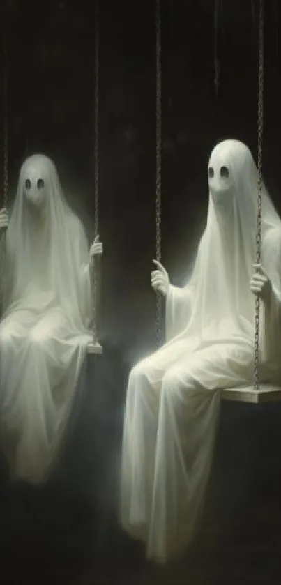 Two ghostly figures on swings in a dark, eerie setting.