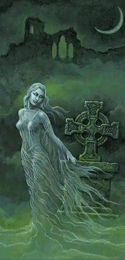 Gothic art with spectral figure and eerie landscape.