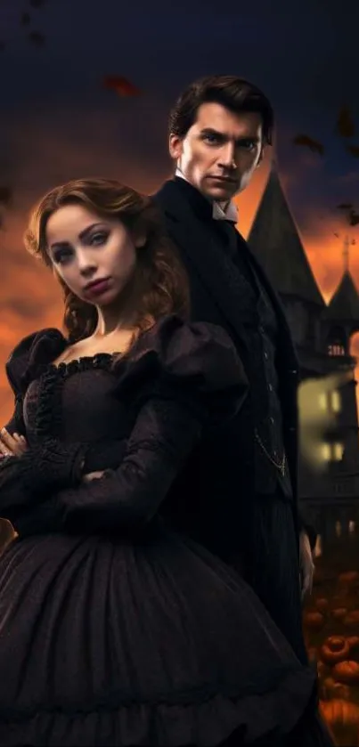 Gothic couple in front of a haunted tower at sunset.