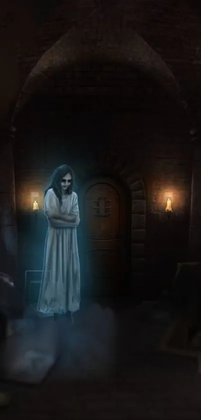 Gothic hallway with ghostly figure in white dress.