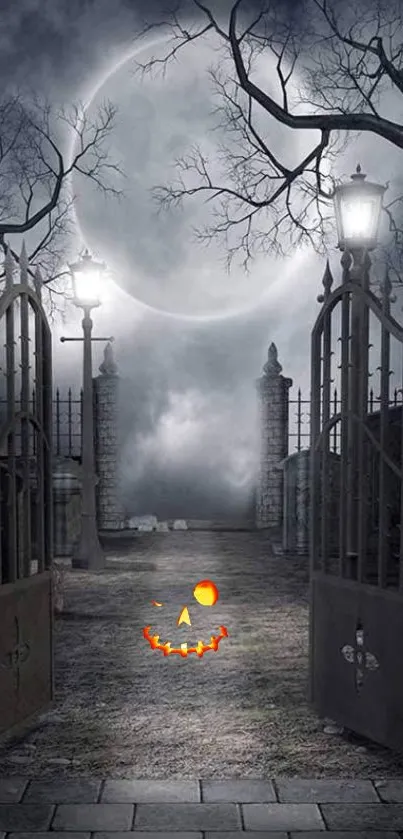 Gothic night scene with an open gate under a misty moonlit atmosphere.