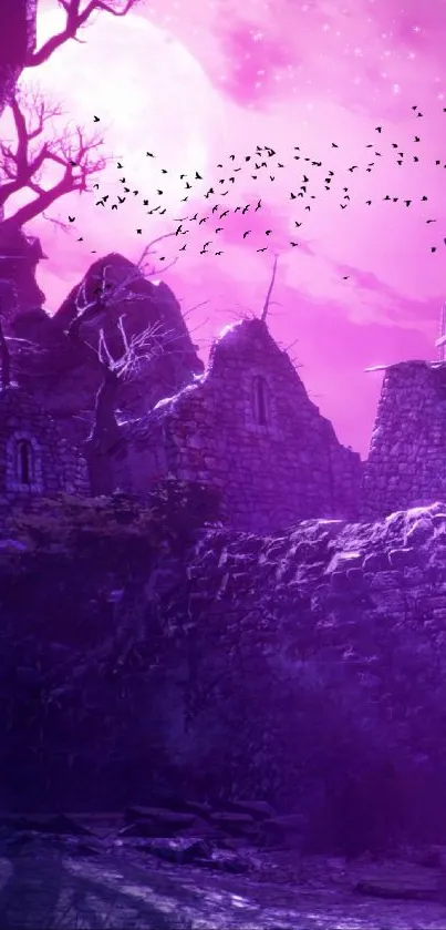 Gothic ruins under a purple night sky with stars and moonlight.