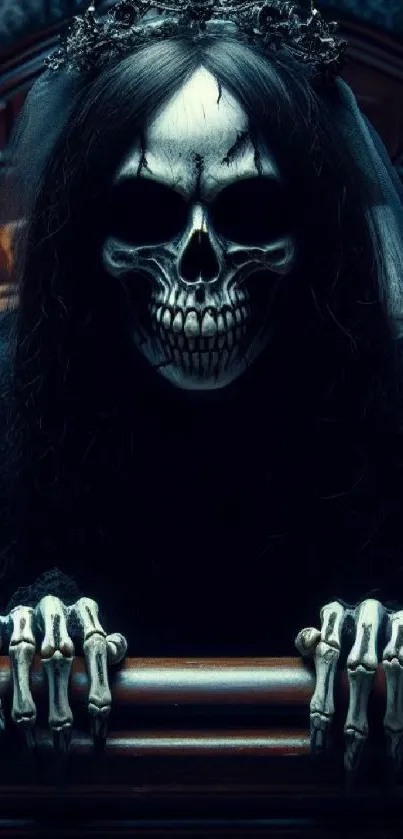 Gothic skull figure in dark, vintage bedroom setting.