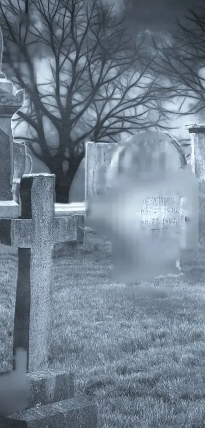 Gothic graveyard with tombstones and eerie trees in dark gray tones.