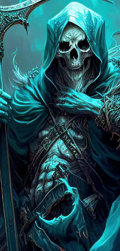 Grim Reaper in teal cloak, dark fantasy wallpaper.