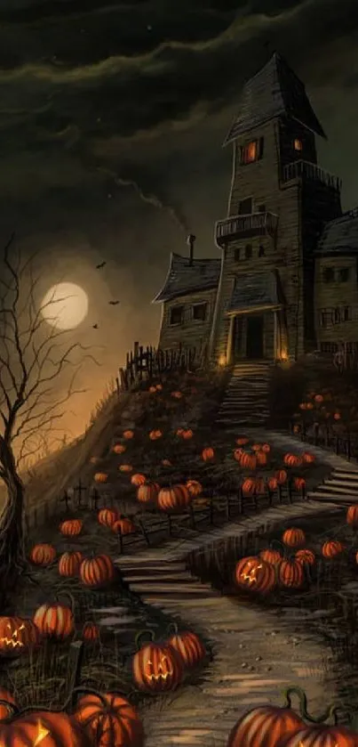 Eerie Halloween castle with pumpkins and a moonlit night scene.