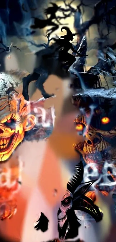 Eerie Halloween wallpaper with clowns and dark figures.