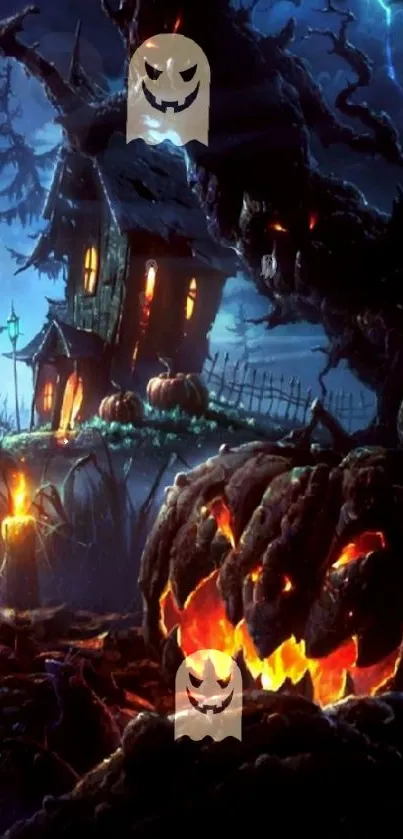 Eerie Halloween scene with a haunted house and glowing pumpkins.