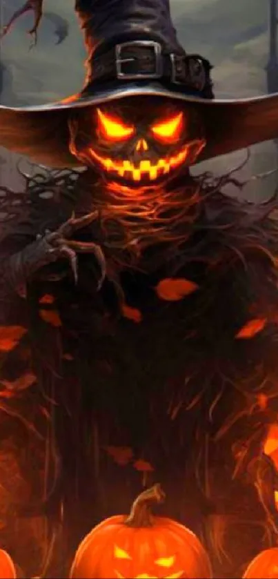 Spooky scarecrow and pumpkins Halloween wallpaper.