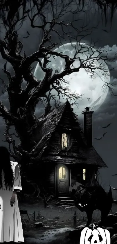 Spooky Halloween wallpaper with haunted house and eerie moon.