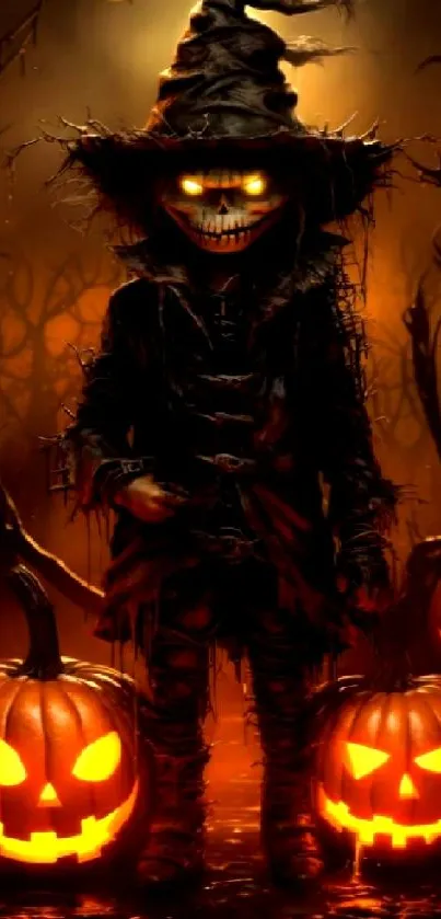 Eerie scarecrow with glowing pumpkins in dark forest wallpaper.