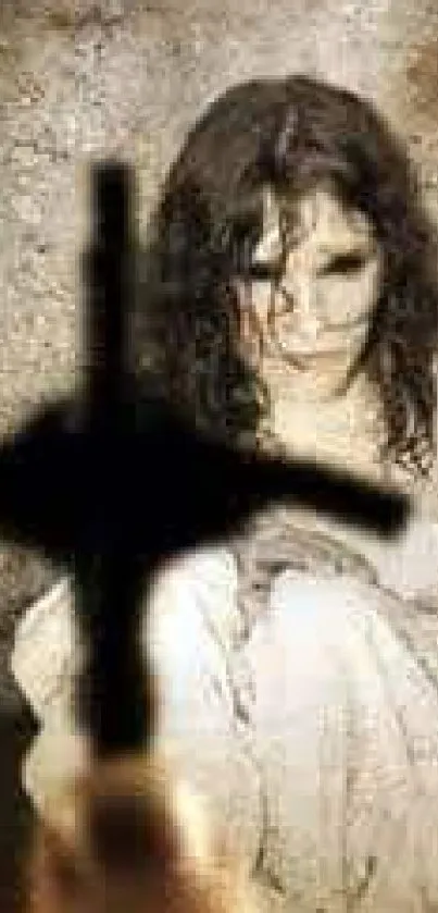 Eerie wallpaper with mysterious figure and cross in focus.