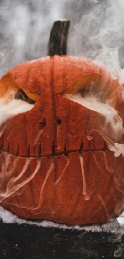 A spooky jack-o'-lantern with smoke, set in an eerie winter scene.