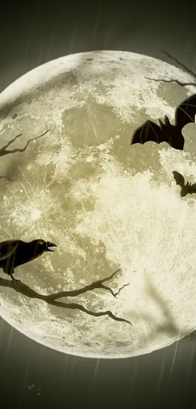 Eerie moonlit scene with bats and a raven, perfect for gothic lovers.