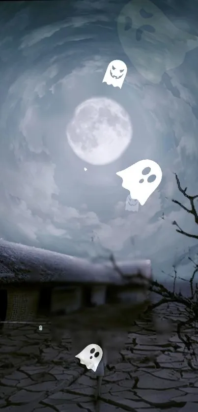 Spooky night scene with ghosts and full moon.