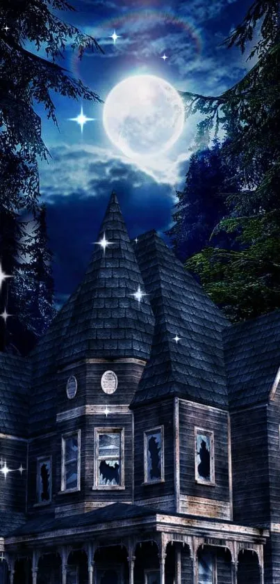 A spooky house under a full moon with a dark, starry sky backdrop.