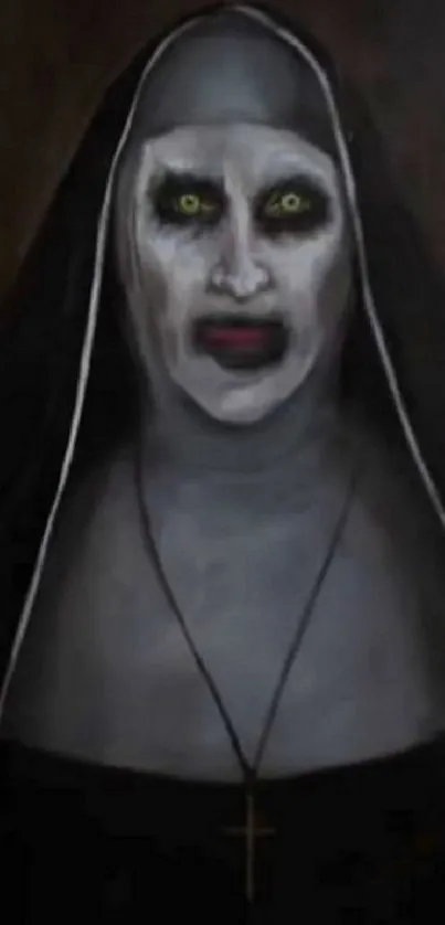 Chilling nun with dark, eerie eyes in a horror-themed wallpaper.