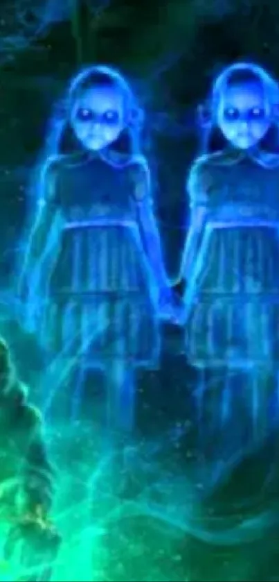 Haunting pirate and ghostly twins in glowing blue.