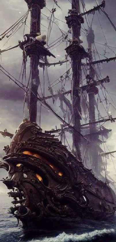 Eerie pirate ship on stormy ocean background.