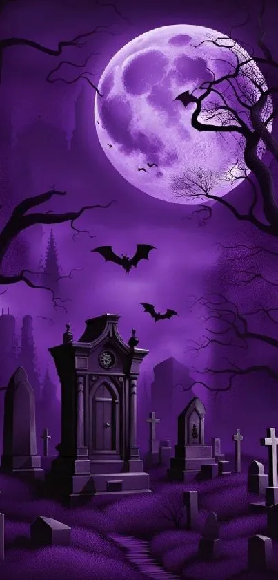 Purple night wallpaper with bats and cemetery, featuring a glowing full moon.