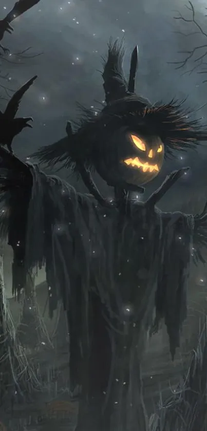 Eerie scarecrow with crows and glowing jack-o'-lantern in a dark landscape.