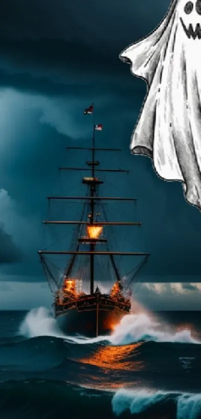 Ghost ship sailing in a stormy sea with dark clouds.