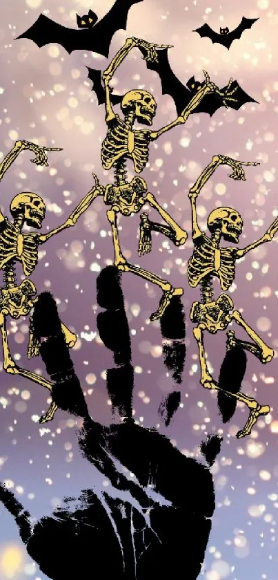 Spooky skeletons with bats in a purple night background.