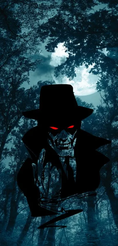 Skeleton with red eyes in a dark forest at night.