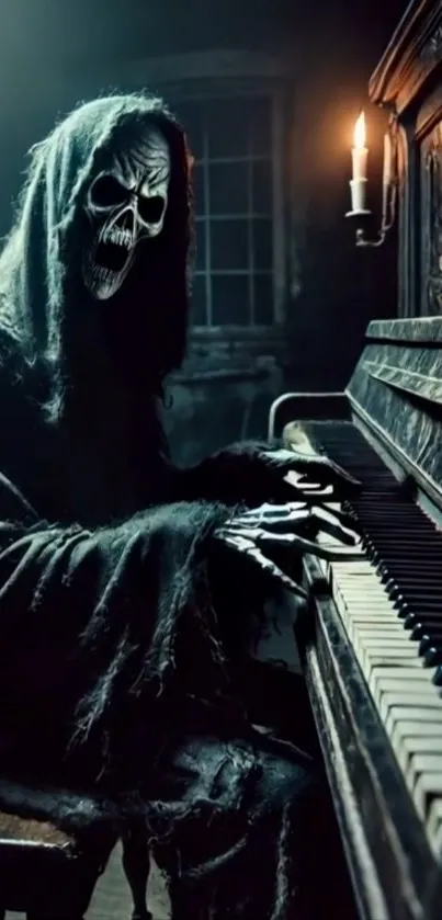 Skeleton playing piano in dark room