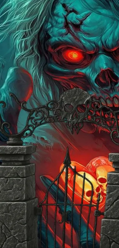 Spooky skull with fiery eyes behind ornate gate on mobile wallpaper.