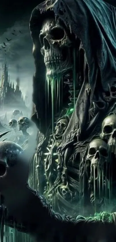 Haunting skull figure in a dark castle with green mist