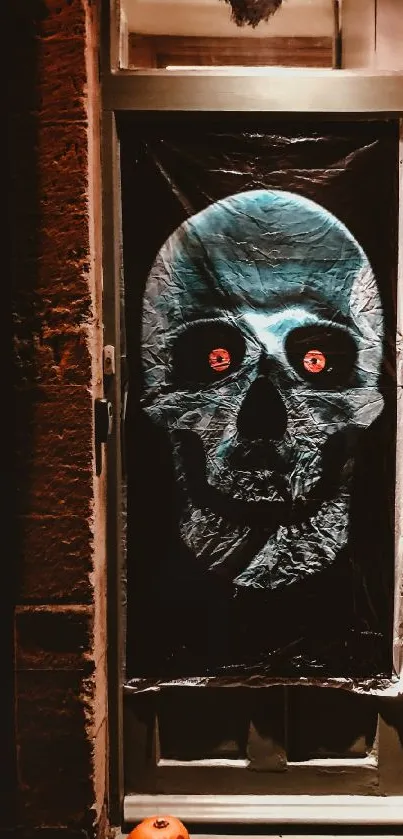 Eerie skull with glowing eyes on a dark door.