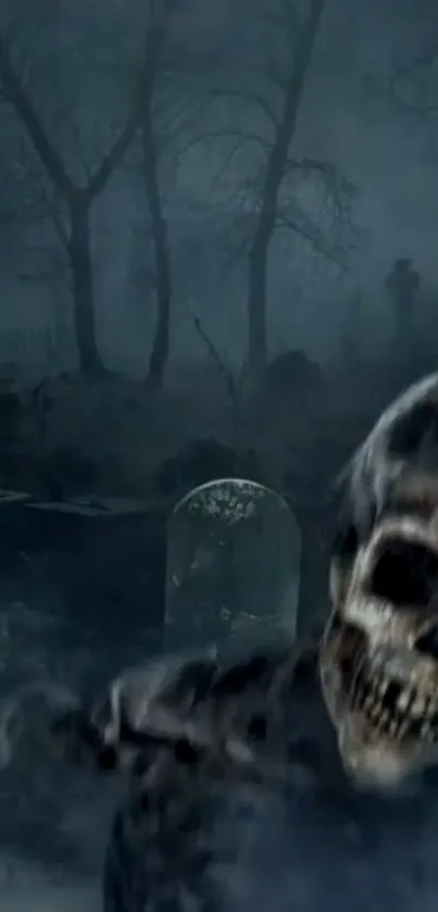 Haunting skull in a misty graveyard setting mobile wallpaper.