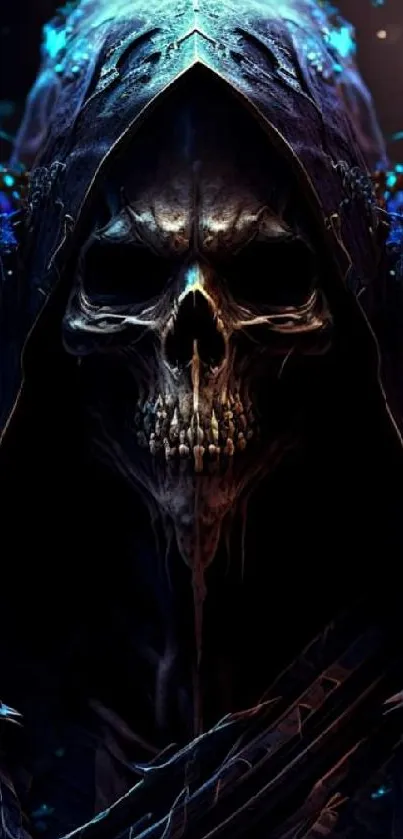 Dark skull with blue accents in gothic style for mobile wallpaper.