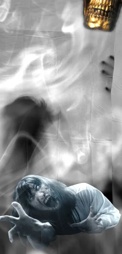 Haunting ghostly figure emerging from smoke in eerie wallpaper.