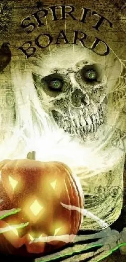 Haunting spirit board with skeleton and glowing pumpkin.