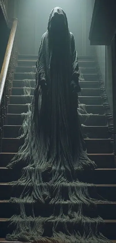 Dark figure on stairs with eerie lighting.