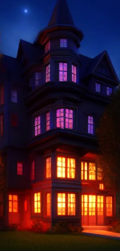 Victorian house glowing with warm light under a moonlit blue sky.