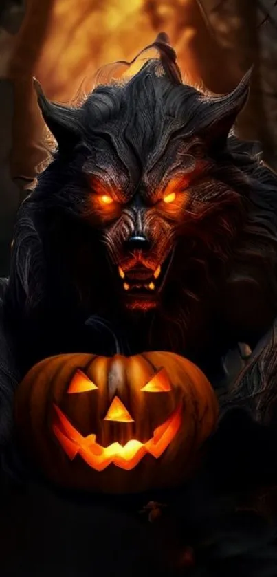 Halloween wallpaper with werewolf and glowing pumpkin.