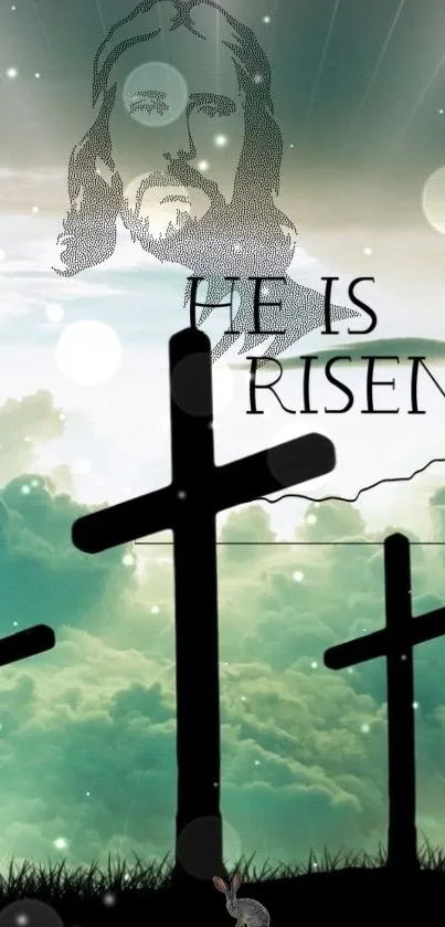 He Is Risen wallpaper with crosses, Jesus image, and teal sky background.